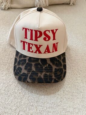 Tipsy Texan Beige Cap with Red Script and Leopard Brim